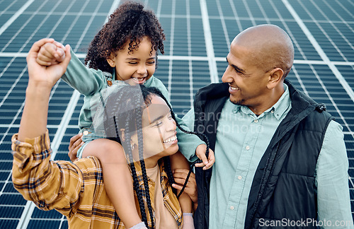 Image of Black family, children or solar panel with a mother, father and daughter on a farm together for sustainability. Kids, love or electricity with man, woman and girl bonding outdoor for agriculture