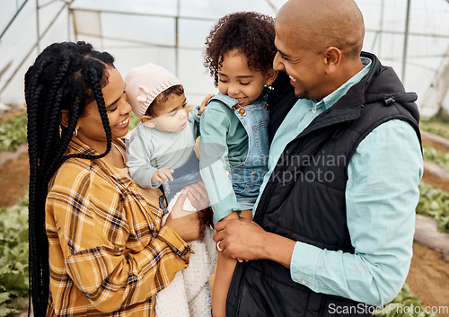 Image of Farmer family on farm together, happy people with agriculture in countryside, mother and father with children outdoor. Happiness, sustainability and parents and kids farming in greenhouse with agro