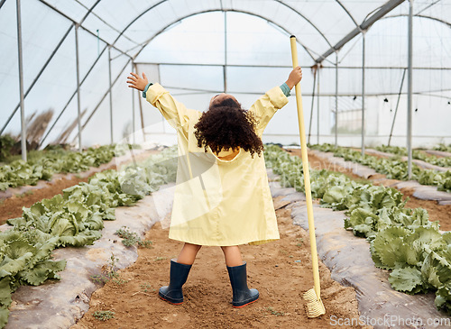 Image of Child, girl or arms up in farming success, greenhouse harvest or agriculture land growth in sustainability field. Hands raised, winner or celebration for farmer kid, gardening tools or lettuce soil