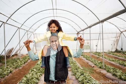 Image of Agriculture, greenhouse and portrait of father with girl for harvesting vegetables, plant growth and gardening. Sustainability farming, happy family and dad and child for quality time, smile and love