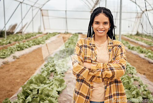 Image of Black woman, farmer smile in portrait with agriculture and farming in greenhouse, sustainability with crop harvest. Environment, farm and fresh vegetable produce, green and eco friendly production