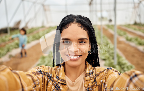 Image of Black woman, selfie and portrait in greenhouse farm for sustainable farming harvest. Farmer, agro and smile of female small business owner taking pictures in garden for happy memory or social media.