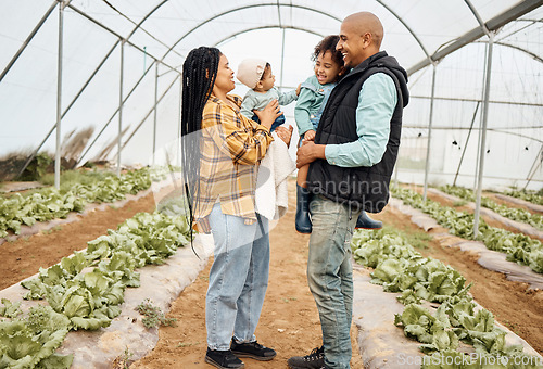 Image of Farmer family in greenhouse, black people with agriculture and lettuce farming, mother and father with children outdoor. Happiness, peace and sustainability, parents and kids farm together with agro