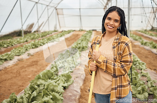 Image of Black woman, farmer happy in portrait with agriculture and farming in greenhouse, sustainability with crop harvest. Environment, farm and fresh vegetable produce, green lettuce production and agro