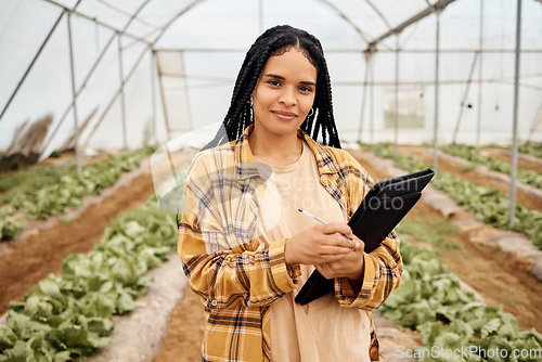 Image of Greenhouse, agriculture portrait and black woman with vegetables inspection, agro business and food supply chain. Farming, gardening and farmer person with portfolio, checklist and growth management