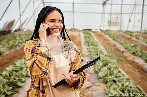 Image of Greenhouse, phone call and black woman in agriculture food, agro vegetables business and farming networking. Eco friendly, gardening and sustainability person or farmer in supply chain communication