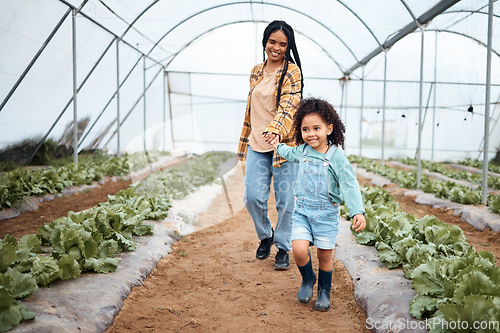 Image of Agriculture, greenhouse and mother walking with girl for gardening, farming and harvest vegetables together. Black family, nature and happy child with mom on farm for growing plants, food and produce