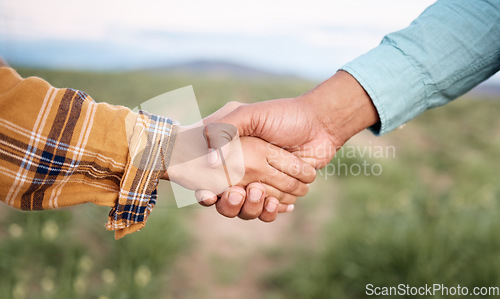 Image of Deal, handshake and agriculture partnership at farm for sustainability teamwork, agreement or collaboration. Welcome, thank you and people, man and woman shaking hands for b2b, trust and support.