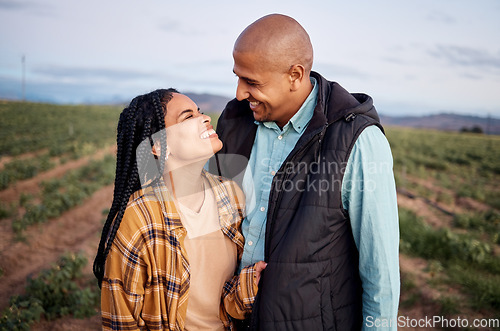 Image of Agro farming, sustainability and black couple in field in countryside with smile and love in small business market. Agriculture, sustainable farm and happy farmer man and woman with growth and nature