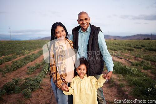 Image of Black family, smile and portrait at agriculture farm, bonding and having fun together. Love, agro sustainability and care of father, mother and girl, kid or child on field for harvest and farming.