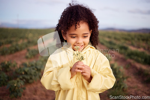 Image of Children, farm and a girl smelling flowers outdoor in a field for agriculture or sustainability. Kids, nature and spring with a female child holding a flower to smell their aroma in the countryside