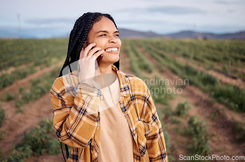 Image of Phone call, agriculture and sustainability with a black woman on a farm for growth in the harvest season. Farmer, contact and 5g mobile technology with a female farming on a field in the countryside