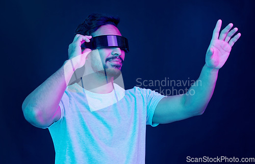 Image of Vr glasses, space or man in metaverse on black background gaming, cyberpunk or scifi on digital overlay. Technology, virtual reality user or fantasy gamer person in future ai 3d experience in studio