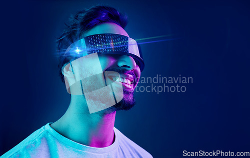 Image of Vr, glasses or man in metaverse on black background gaming, cyber or scifi on futuristic digital overlay. Smile, virtual reality user or happy fantasy gamer person in a fun 3d experience in studio