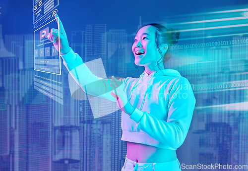 Image of Futuristic, hologram or woman in metaverse on purple background gaming, cyber or scifi on digital overlay. Wow, girl virtual reality user or Asian fantasy gamer person in 3d ai experience in studio