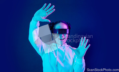 Image of Virtual reality glasses, wow and a woman with vr tech for futuristic gaming, cyber and 3d world. Gamer person excited with hands for ar, digital experience and cyberpunk ux dark background app