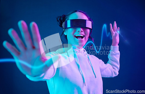 Image of Vr, wave or woman in metaverse on purple background gaming, cyber or scifi on future digital overlay. Wow, fun virtual reality user or happy Asian fantasy gamer person in 3d ai experience in studio