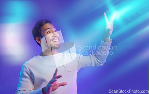 Image of Futuristic, neon metaverse and man isolated on purple background gaming, cyberpunk and scifi on digital overlay. Fantasy, creative and virtual reality user or gamer person in 3d experience in studio