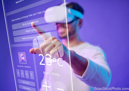 Image of Future, overlay or man typing in metaverse on purple background searching, cyber or scifi on digital overlay. Ux screen, virtual reality user or happy person in futuristic 3d ai experience in studio