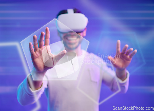 Image of Hologram, hands or happy man in metaverse on purple background gaming, cyber or scifi on digital overlay. Wow, virtual reality user or fantasy gamer person in futuristic 3d ai experience in studio