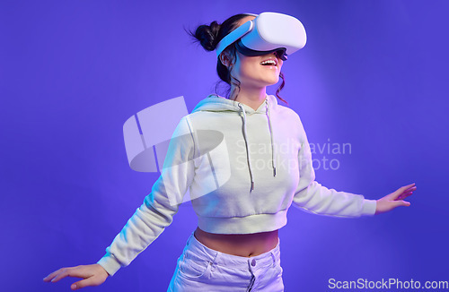 Image of Future of ai, woman with vr headset and digital transformation for metaverse experience in technology. Person streaming augmented reality simulation, futuristic gaming and ux for cyber innovation