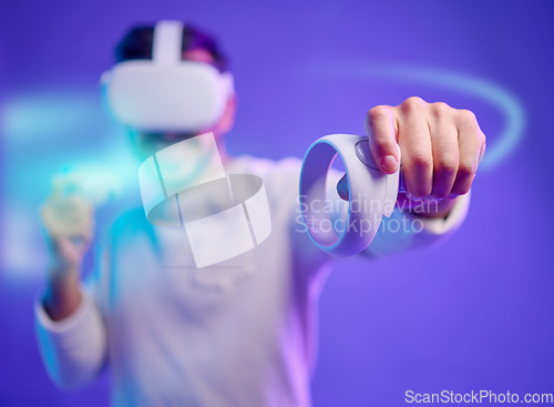 Image of Virtual reality, metaverse and man fight on game with vr glasses for futuristic cyber 3d world. Gamer person with hand controller for ar app, digital experience and purple background overlay gaming