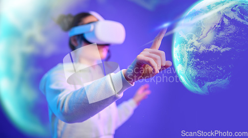 Image of Futuristic, planet or woman in vr or metaverse on purple background gaming, cyber or scifi on digital overlay. World, virtual reality user or fantasy gamer person in 3d ai galaxy experience in studio