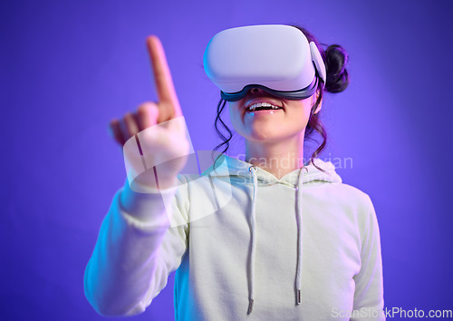 Image of Virtual reality glasses, metaverse and a woman with hand for futuristic gaming, cyber and 3d world. Excited gamer person with finger for ar mock up, digital experience and creative purple background