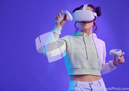 Image of Metaverse, virtual reality glasses and a woman with mockup space for futuristic, cyber and digital world. Gamer person with hand controller for ar, 3d experience and cyberpunk purple background app