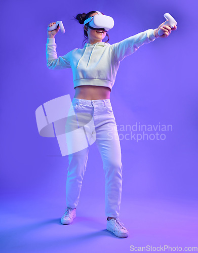 Image of Virtual reality headset, metaverse fight and a woman with vr controller for futuristic gaming. Gamer person with hand for ar world, digital experience and 3d cyberpunk purple background app mockup