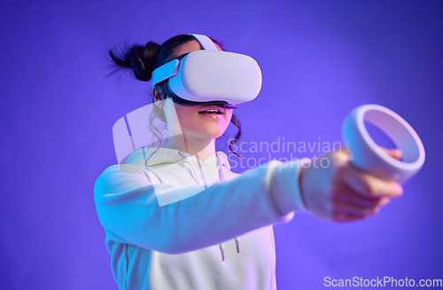 Image of Metaverse, virtual reality headset and a woman with futuristic gaming, cyber and 3d world hand controller. Gamer person with for ar, digital experience and creative cyberpunk purple background mockup