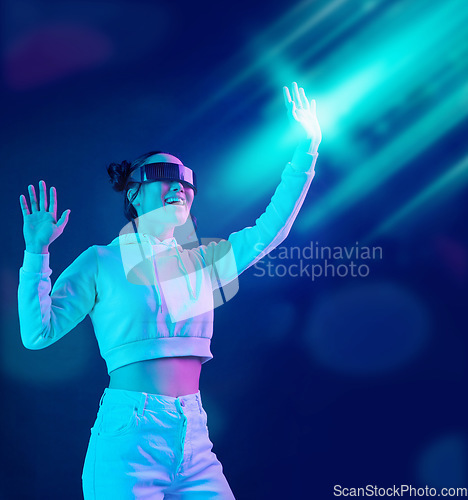 Image of VR, glasses and woman isolated on dark background metaverse, gaming and cyberpunk or neon digital overlay. Fantasy, futuristic and virtual reality user or gamer person 3d scifi or hologram in studio