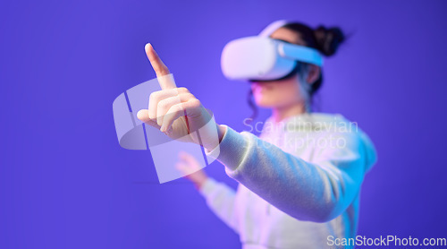 Image of Woman hand for metaverse, virtual reality glasses and gaming for futuristic, cyber and 3d world. Gamer person finger for ar mock up, digital experience and creative cyberpunk purple background app