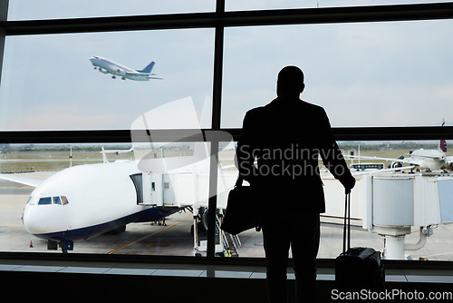 Image of Airport silhouette, plane travel or man watch airplane fly, flight booking or transportation for world trip. Suitcase luggage, departure or back of person on holiday tour, vacation or global journey