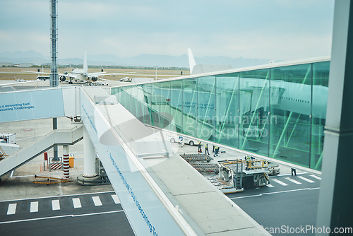 Image of Airport, runway and platform of airplane trip, travel and transportation of airline gateway. Hangar, boarding tunnel and flight journey, commercial tourism and terminal cargo of global infrastructure