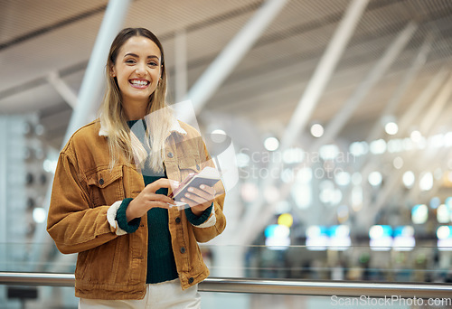 Image of Portrait, passport and woman with phone in airport for social media, internet browsing or texting. Travel, immigration and happy female from Canada with smartphone and ticket for global traveling.