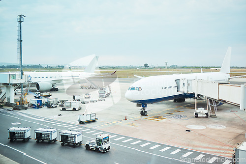 Image of Airplane at airport, stationary transport on tarmac and runway for international passenger travel on sky horizon. Plane on ground, outdoor flight terminal and cargo carrier on aeroplane runway