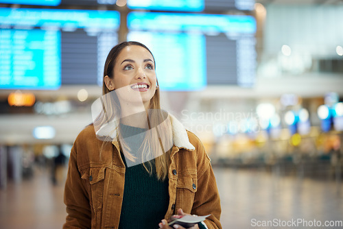 Image of Travel, airport and woman on a trip, vacation or holiday happy to go on an international journey to a city. Airplane, excited and young female confident traveling from an airline to board flight