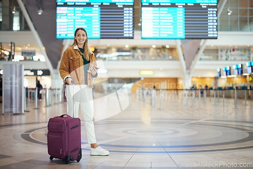 Image of Woman, airport and luggage for travel, vacation or journey in schedule flight with passport in Cape Town. Portrait of happy female traveler standing ready for departure, boarding plane or immigration