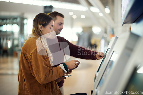 Image of Travel, airport and couple at check in machine with passport and ticket for flight. Valentines day, immigration or happy man and woman by airline lobby or kiosk for boarding pass for holiday vacation