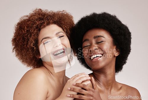 Image of Friends, beauty and face with skincare and women, happy with inclusive cosmetic care on studio background. Natural cosmetics, healthy skin and diversity with melanin, makeup and dermatology with glow