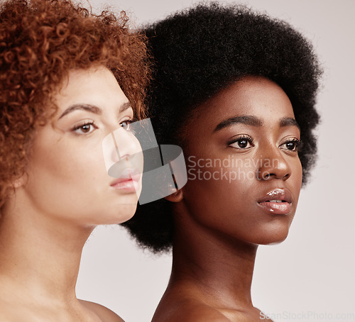 Image of Beauty, makeup and black women profile looking relax from dermatology and spa. Isolated, gray background and studio of young people with natural face and skin from self care treatment and cosmetics