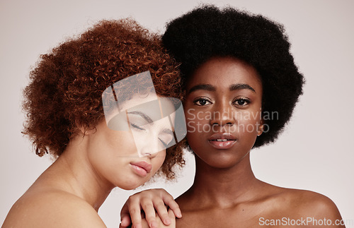 Image of Skincare, beauty and friends, black women models with glowing skin and afro isolated on grey background. Dermatology, diversity and face, luxury cosmetics or makeup, woman model and friend in studio.