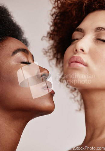 Image of Face, beauty and black women with zoom, eyes closed and afro, friends isolated on grey background. Dermatology, diversity and skincare, luxury cosmetics or makeup, woman model and friend in studio.