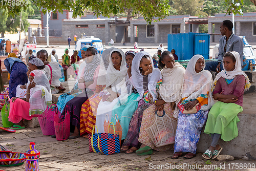 Image of tigray woman resting in center of of Aksum, Ethiopia Africa