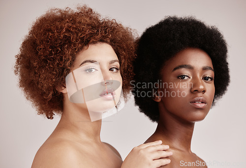 Image of Friends, beauty with face and black women in portrait,.inclusive cosmetic care on studio background. Natural, cosmetics and hair, healthy skin and melanin, makeup and dermatology with glow