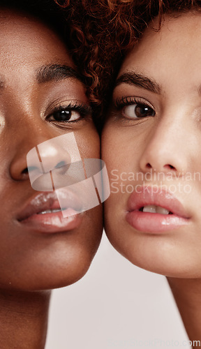 Image of Beauty, portrait and skin of women faces together for cosmetic magazine, self care and isolated in studio brown background. Facial, dermatology and friends or models for spa treatment for glow