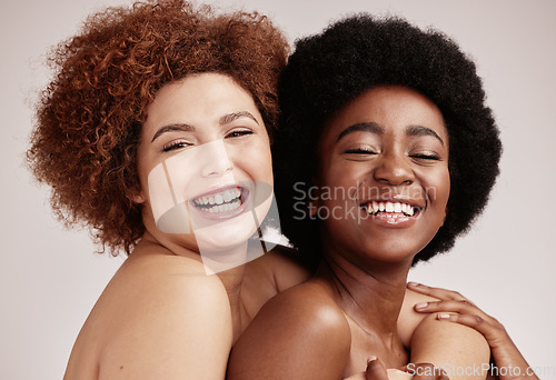 Image of Friends hug, beauty and face with skincare and women, happy with cosmetic care inclusion on studio background. Natural cosmetics, healthy skin and diversity with melanin, makeup and dermatology glow