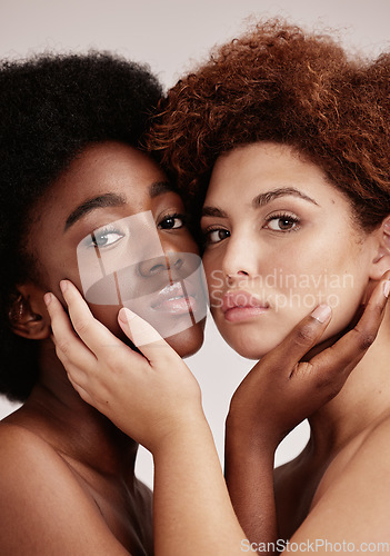 Image of Beauty, skincare and portrait of black women for cosmetic skin, self care and isolated in studio background. Facial, diversity and multicultural friends for spa treatment for glow and makeup