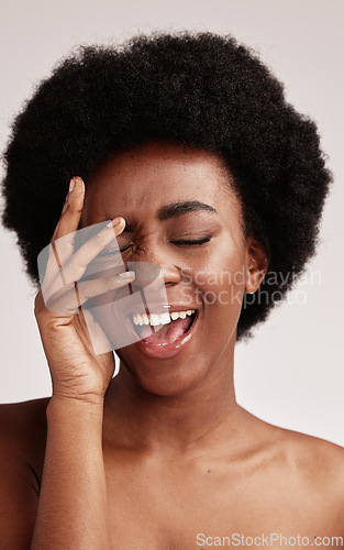 Image of Beauty, black woman and smile of a female person face with hands happy about facial. Wellness, cosmetics and model in a isolated studio with skincare doing dermatology, detox and spa self care